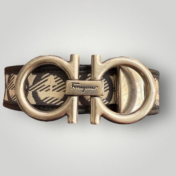 Salvatore Ferragamo Gancini Belt Black/Beige Canvas & Leather Silver Buckle - Picture 1 of 12